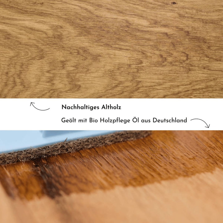Informative Detailaufnahme über nachhaltiges Altholz, welches für das Servierbrett von Juvahem benutzt wird, und wie es mit Bio Holzpflegeöl behandelt wird