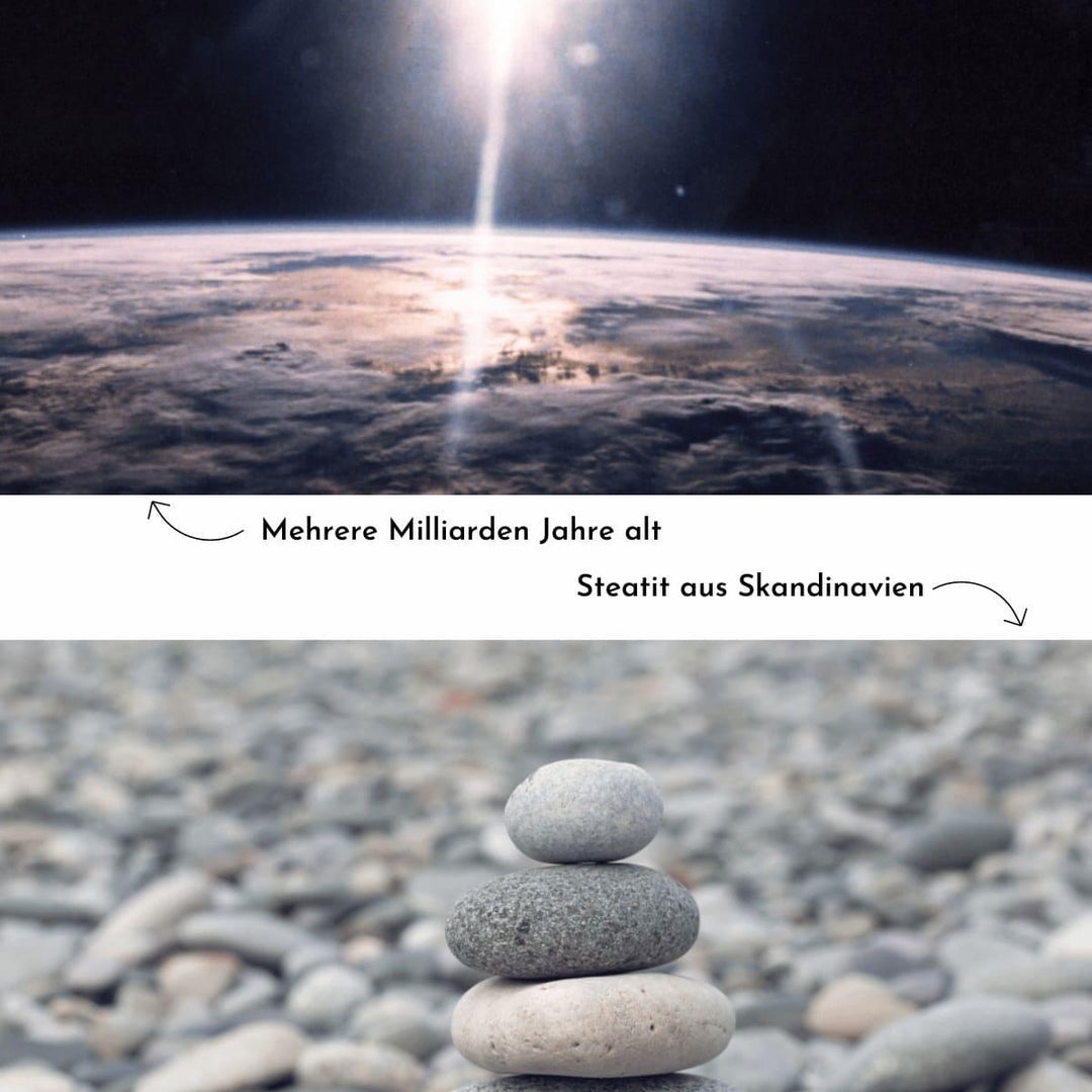 Im oberen Bildrand sieht man die Wolkendecke über der Erdkugel und im Hintergrund das Licht der Sonne. Im unteren Bildrand liegen viele Steine in verschiedenen Grautönen und in der Mitte steht ein kleiner gestapelter Steinturm. Die Bilder signalisieren die Milliarden alten Steine aus Steatit, die aus Skandinavien stammen.