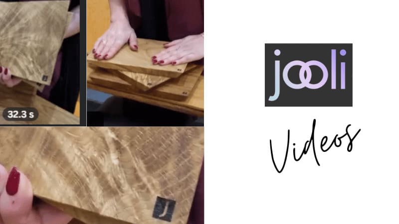 Zweigeteiltes Bild: Links eine Collage aus Videoschnitten mit einem Frühstücksbrett aus Altholz, Hände streichen darüber und zeigen es in die Kamera, rechts das Logo von Jooli und der Titel Videos