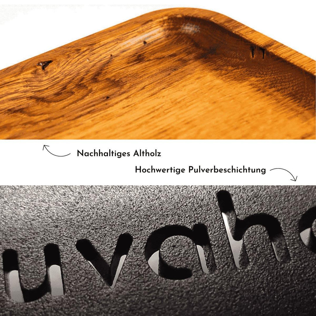 Informative Detailaufnahme über nachhaltiges Altholz und pulverbeschichteten Stahl 