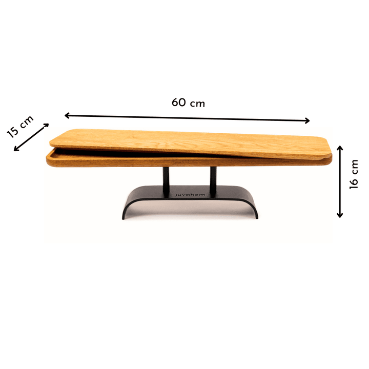 Genaue Maßangaben einer längliche Etagere mit Deckel, den man als Tablett nutzen kann, aus Eiche Altholz mit einem pulverbeschichtetem schwarzen Stahlfuß