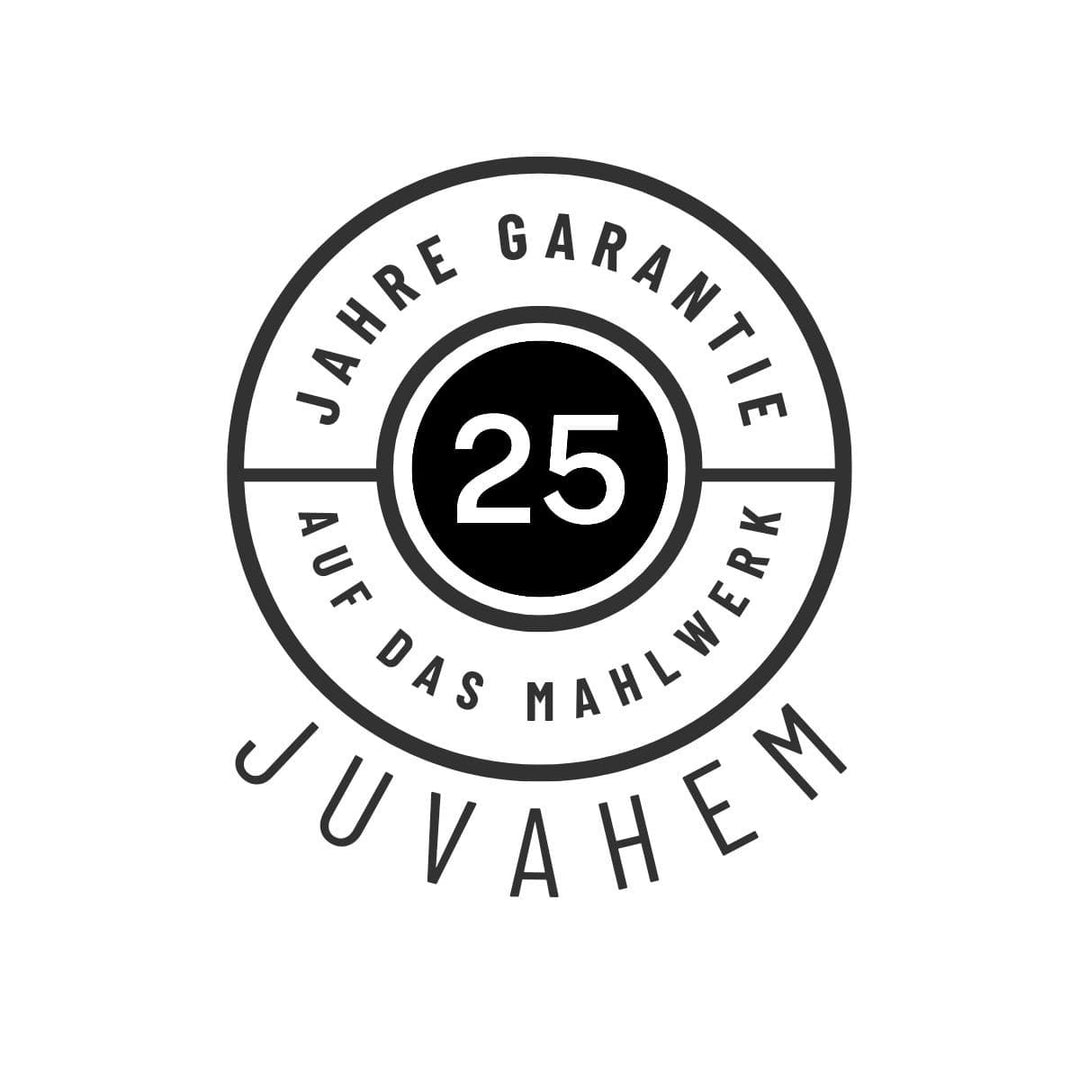 Ein Emblem, der aussagt, dass Juvahem eine 25jährige Garantie auf das Mahlwerk gibt.