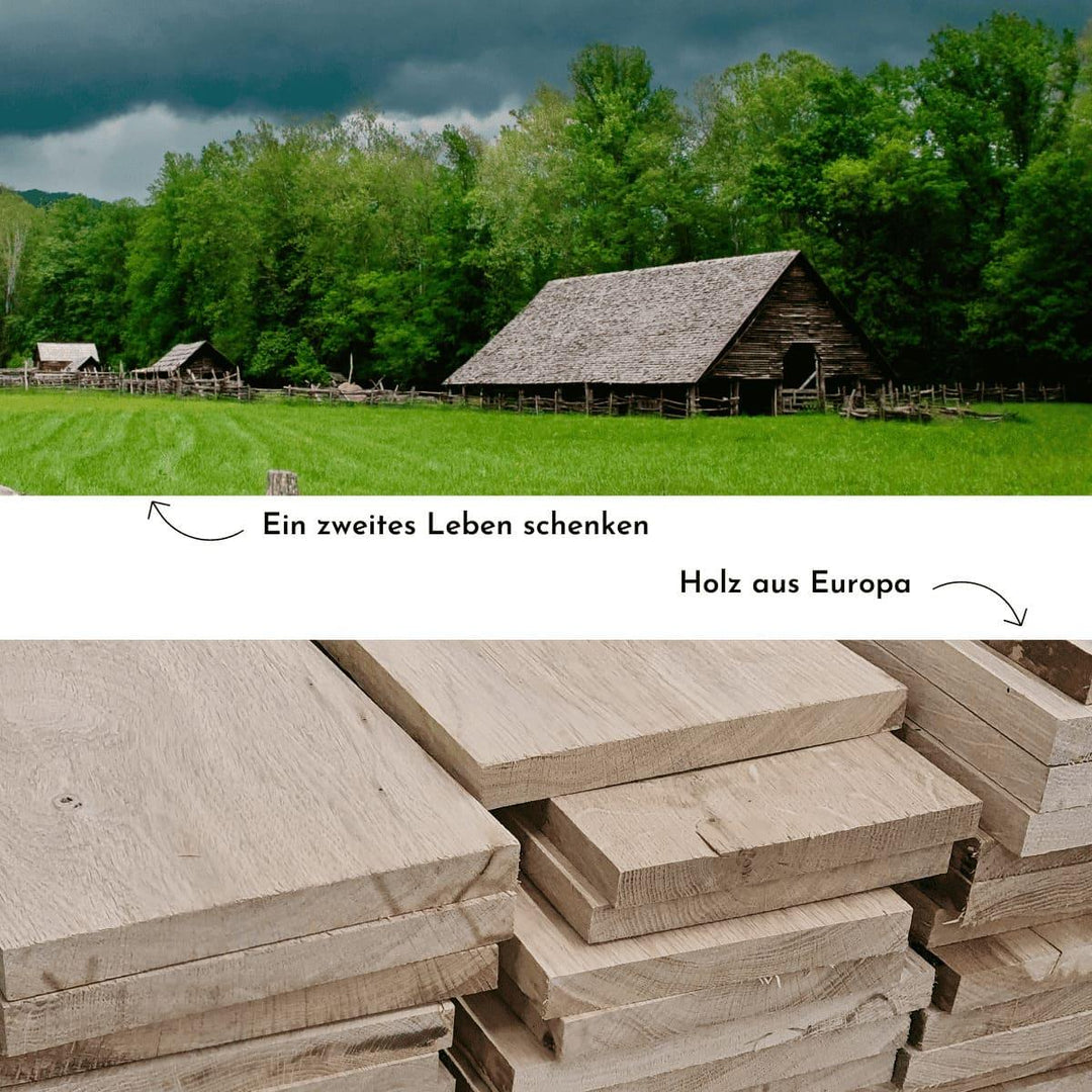 Alte Holzhütte im Grünen und ein großer Bretterstapel signalisieren, dass es sich bei dem Holz der Gewürzmühlen um Altholz aus Europa handelt.