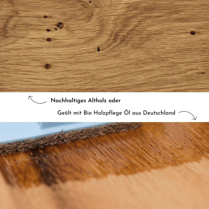 Frühstücksbrettchen aus Altholz - Juvahem Informative Detailaufnahme über nachhaltiges Altholz und wie es mit Bio Holzpflegeöl behandelt wird