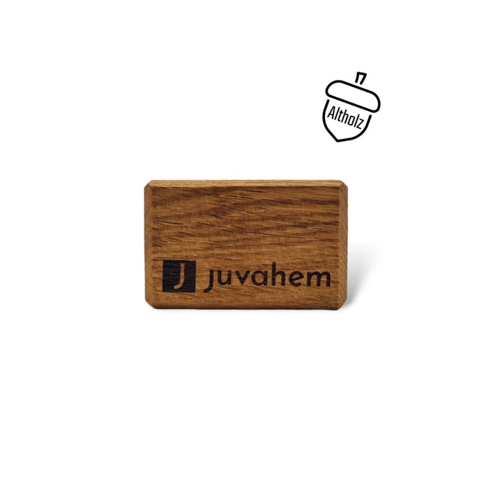 Profilbild eines Kartenhalters Fotohalters aus Altholz mit Logogravur von Juvahem, Icon in Form einer Eichel mit dem Wort Altholz