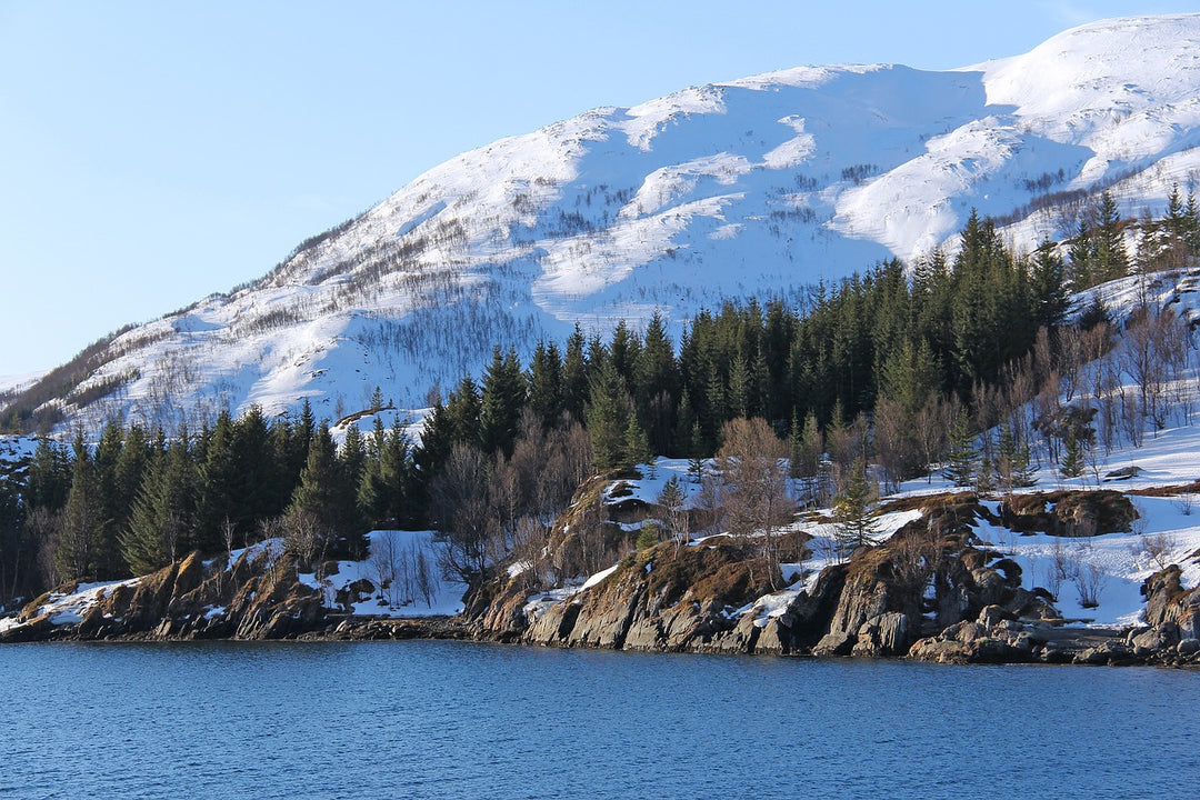 Skandinavische Landschaft mit schneebedeckten Felsen, sybolisiert das schlichte, nordische Design der Produkte und die nordischen Wurzeln der Gründerin und des Gründers.